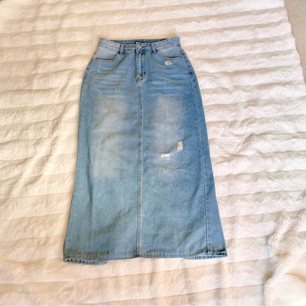 Ripped Light Blue Maxi Jean Skirt